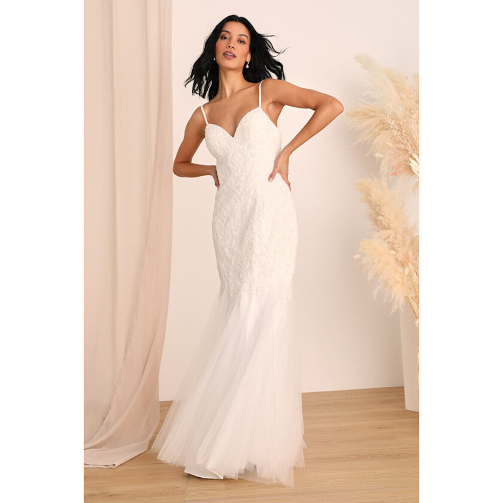 Lulus Dream Romance White Beaded Tulle Trumpet Maxi Dress - Size 4